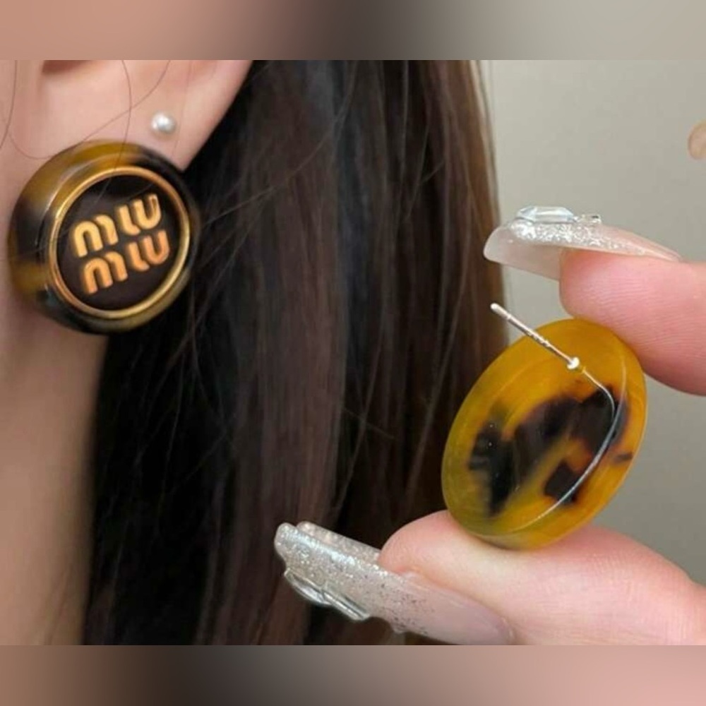 Miu Miu Tortoiseshell Yellow Logo Stud Earrings